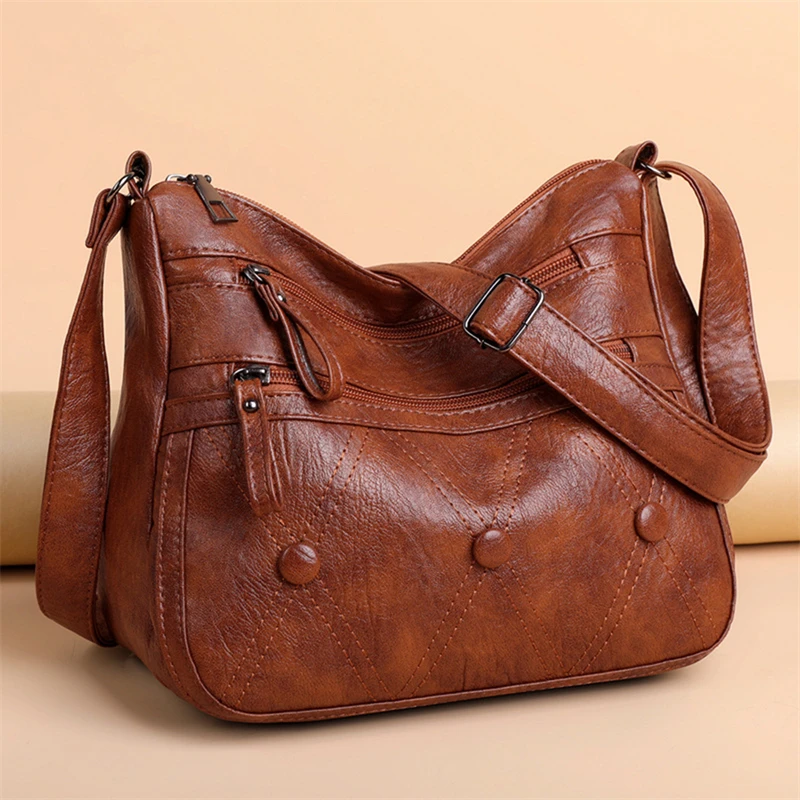 

Vintage Multi-Pocket Women Shoulder Bag Soft Leather Satchel Outdoor Travel Crossbody Bag Casual Large Capacity Messenger Bag