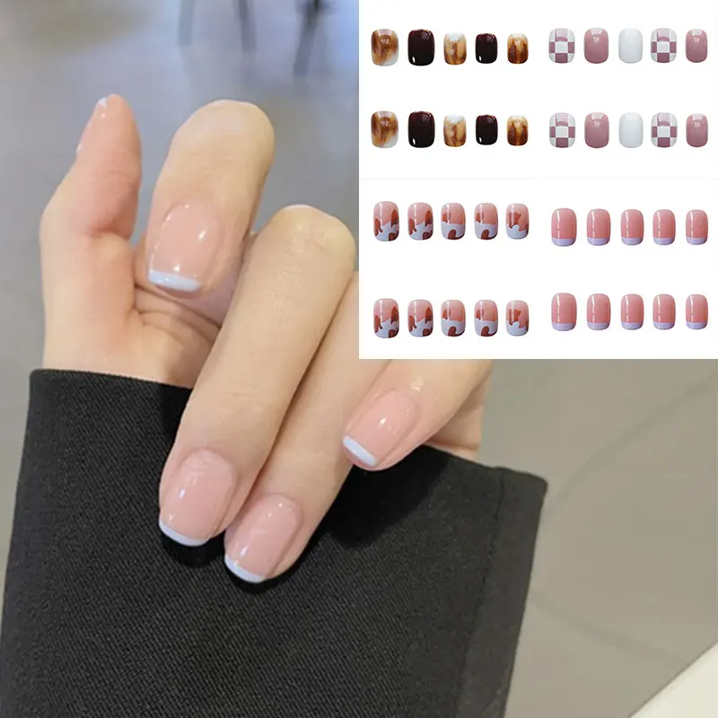 

24 Pcs/Lot False Nail French Line Nail Decor Nails Extension Press On Nails Artificial Detachable Amber Checkerboard Manicure