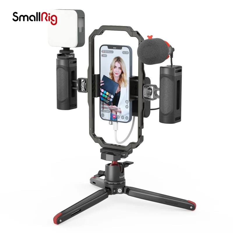 

Универсальный Трипод для телефона SmallRig, комплект для видеосъемки с 2-мя ручками, для IPhone 13, 12, с микрофоном и светодиодной подсветкой