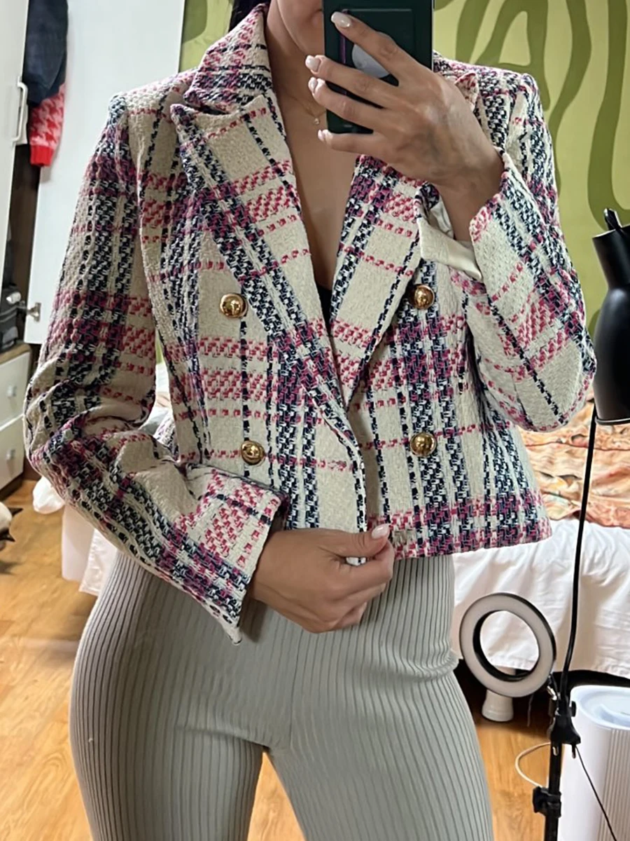 

Plaid Tweed Blazer Women Textured Cropped Jacket Women Double Breasted Blazer Women Long Sleeve Button Blazers For Women Clothes