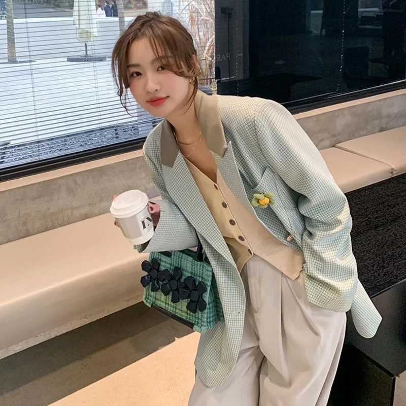 

Spring Autumn Light Green Lattice Suit Jackets Women's Korean Loose Blazers Ladies Coat Fashion Casual Outwear