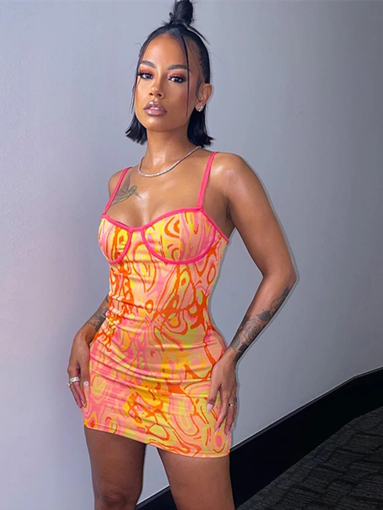 

Aesthetic Print Bodycon Mini Dress Women Sleevelesses Backless Spaghetti Strap Hip Skirt Female Party Clubwear Sundress Vestidos