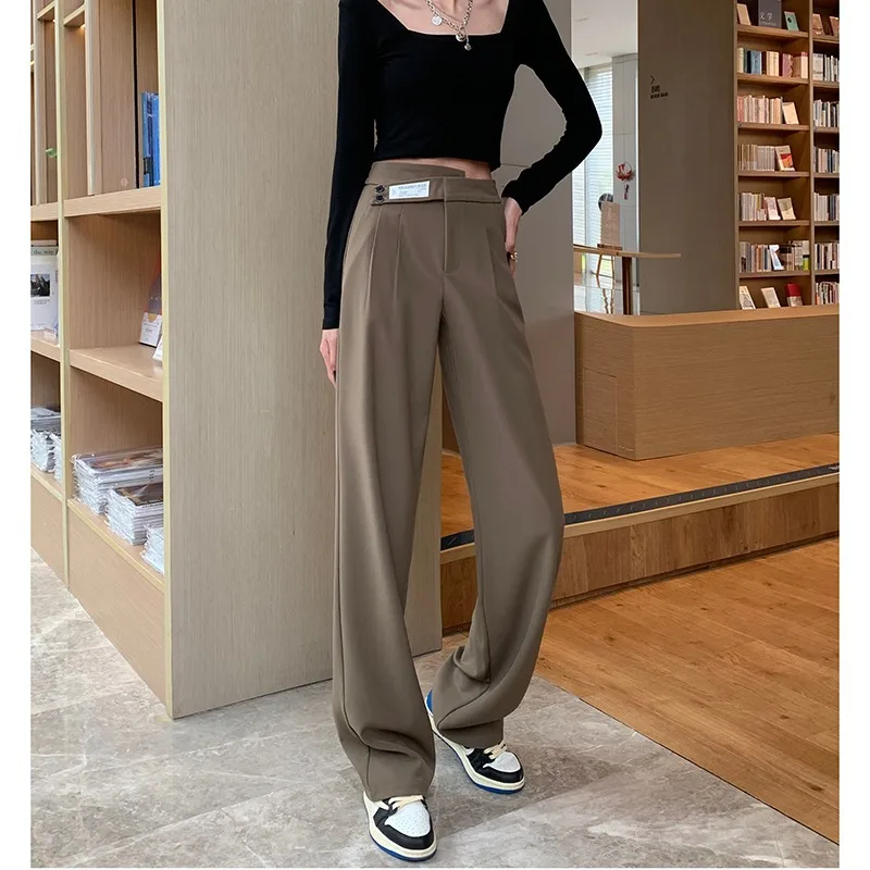

Khaki Classic Letter Embroidery Wide Leg Pants Spring Autumn Women's Elastic High Waist Loose Floor Length Straight Suit Pants
