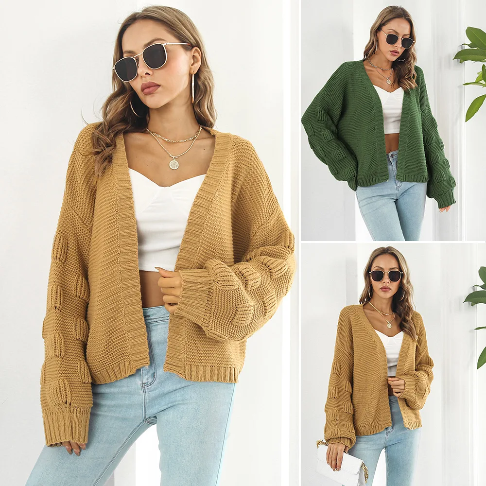

Three-dimensional Bubble Lantern Sleeve Loose Knitted Sweater Cardigan Jacket Ladies Cardigan Cardigan Vintage Ladies Cardigans