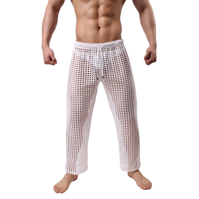 

LOSIBUDSA Men s Sexy Mesh Fishnet Long Pants Stretchy Muscle See Through Drawstring Sleep Lounge Bottoms Trousers