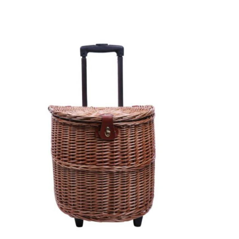 

Trolley Picnic Basket Rattan Multi-Functional Pulley Storage Basket with Lid Basket Trolley Roller Box
