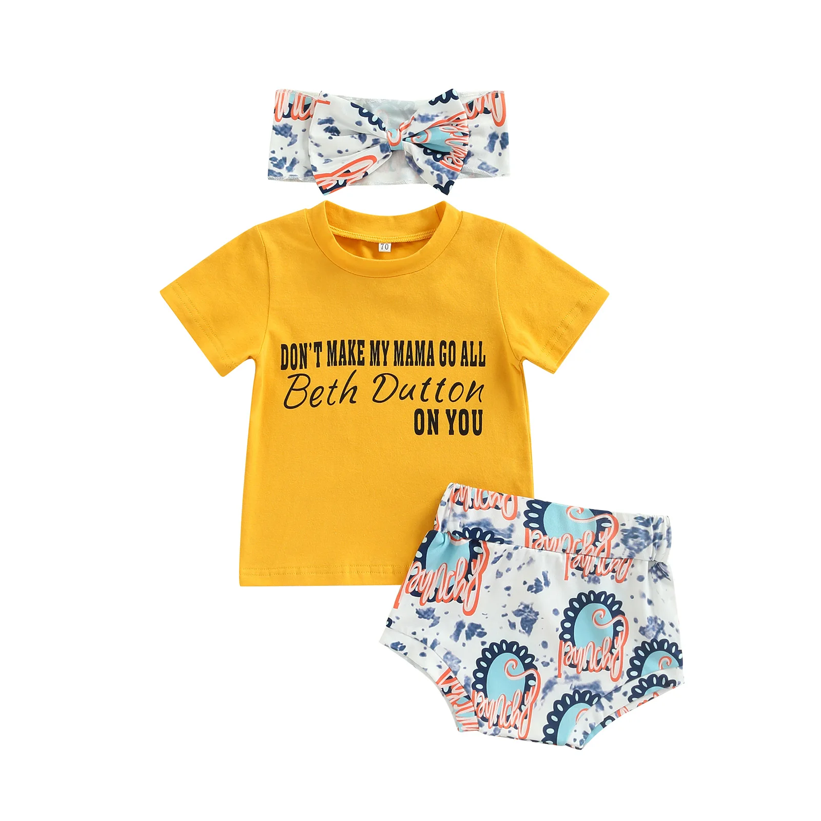 

Infant Baby Girls Clothing 2PC Outfits Letter Print Short Sleeve Round Neck T-Shirts Elastic Waist Shorts Decorative Headband