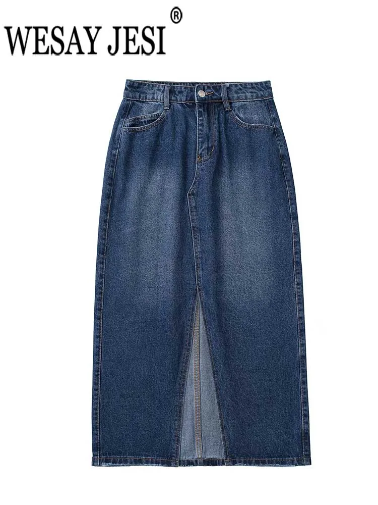 

WESAI JESI Summer Chic Women High Waist Denim Mid Skirts Dark Blue Slits A-line Slim Zipper Street Casual Daily Ladies Clothing