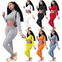 2021 autumn new ribbed two piece set women stretch crop top badycon trousers sports jogger fitness outfits female