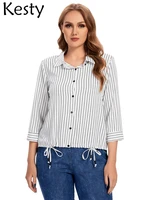 kesty womens plus size shirts spring polyester shirts striped shirts button lapel loose casual shirts