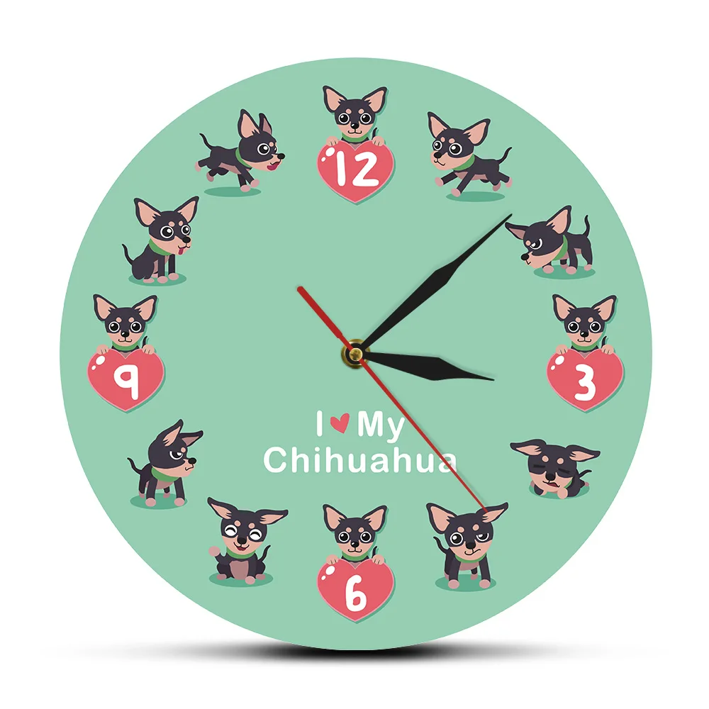 

Настенные часы с художественной печатью I Love My Chihuahua, владелец собаки, домашний декор для детской комнаты, милые Мультяшные художественные акриловые настенные часы с рисунком чихуахуа