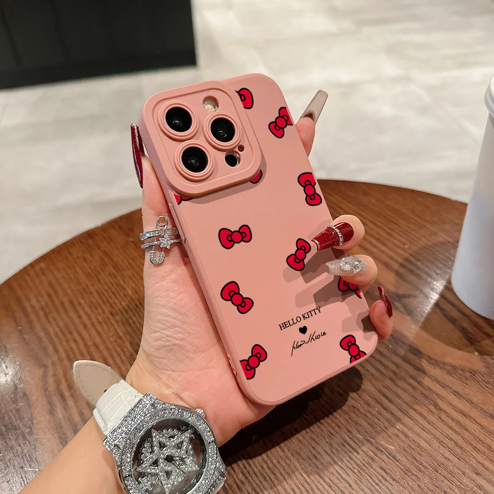 Cute Hello Kitty Bows Pupil Full Screen Phone Case For iPhone 16 15 14 13 12 11 X XR Xs SE2 SE 8 7 Plus Pro Max Mini Silicone