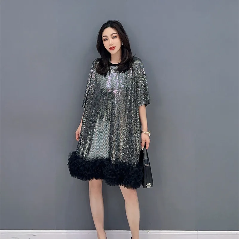 

Женское Сетчатое мини-платье с блестками, свободные короткие летние платья