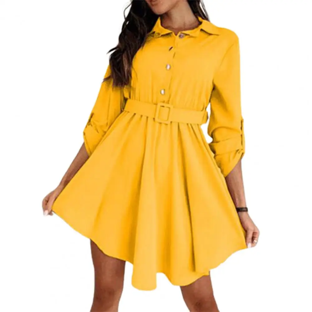 

Mini Dress Turn-Down Collar Roll-up Sleeves Belt Women Dress Solid Color Single Breasted Shirt Dress Female robe femme été