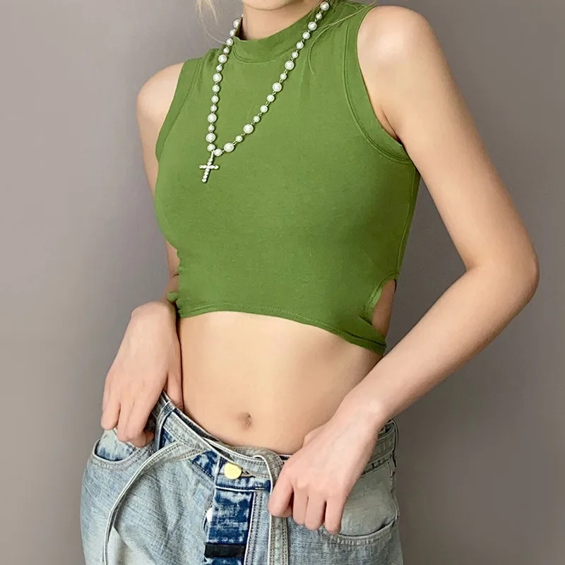 

Women's Summer Fashion Round Neck Bare Navel Solid Slim Vest New Casual Street Office Ladies Elastic Tight Strap Base Women Vest