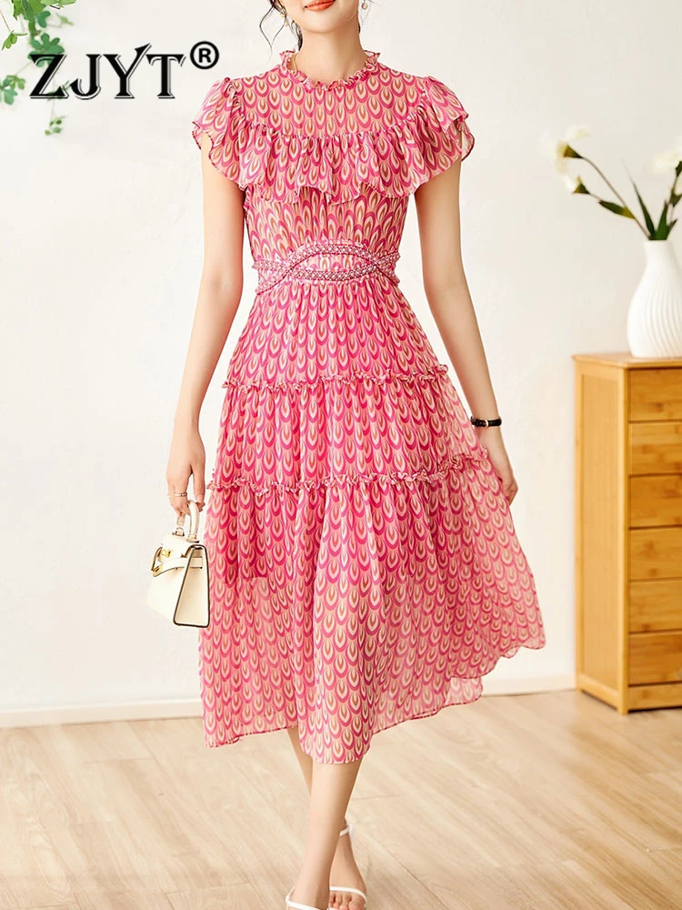 

ZJYT Print Chiffon Summer Dress for Women 2023 Elegant Beading Waist Midi Holiday Vestidos Feminino Boho Robe Femmes Pink Blue