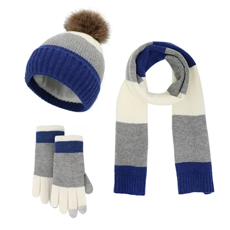 

Contrasting Colors Winter Hat Scarf Gloves Set Women Wool Blend Pompom Fur Ball Hat Warm Knitted Neck Scarf Touchscreen Gloves