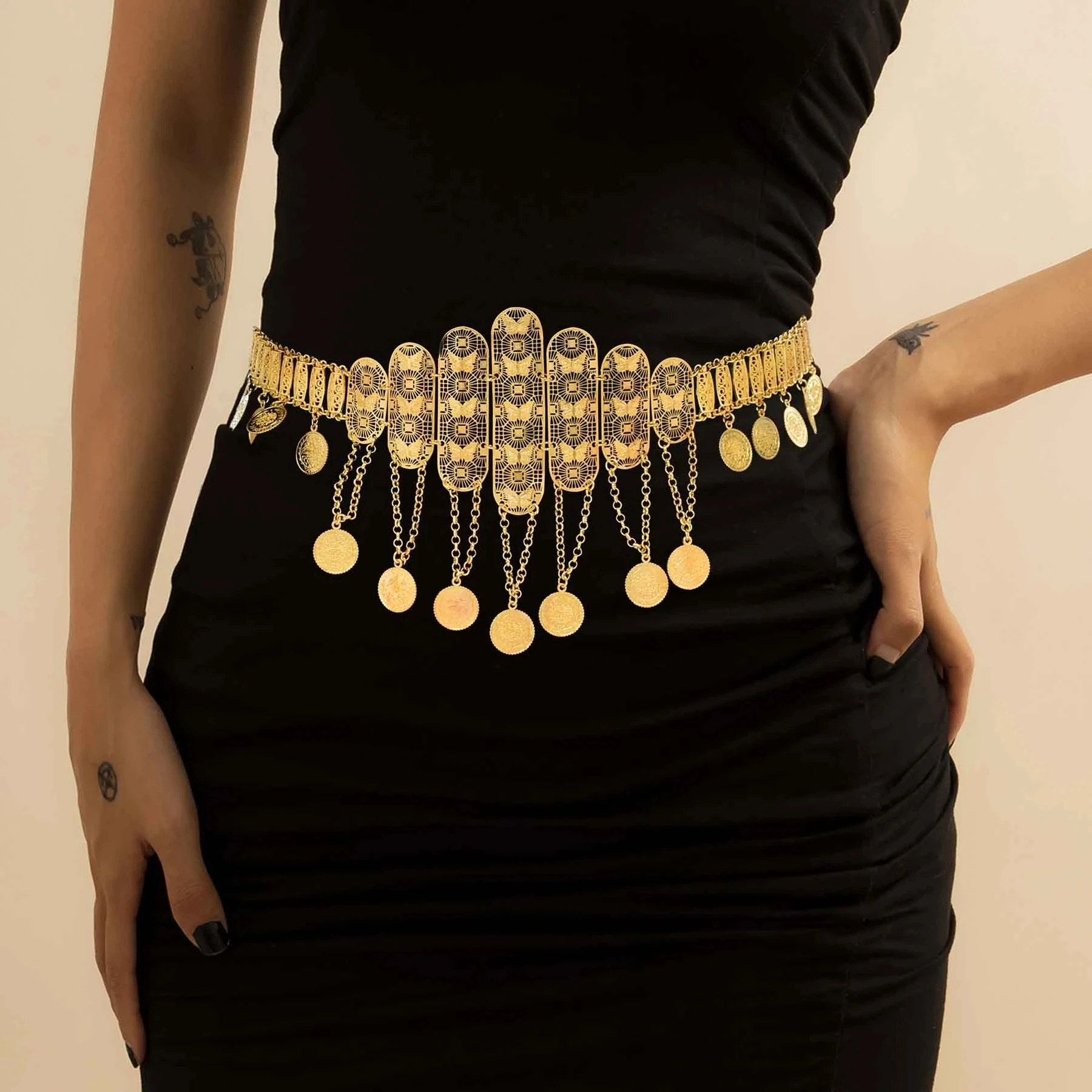 

Gold Long Chain Coin Tassel Pendant Metal Waist Belly Chains Carved Flower Pattern Body Jewelry