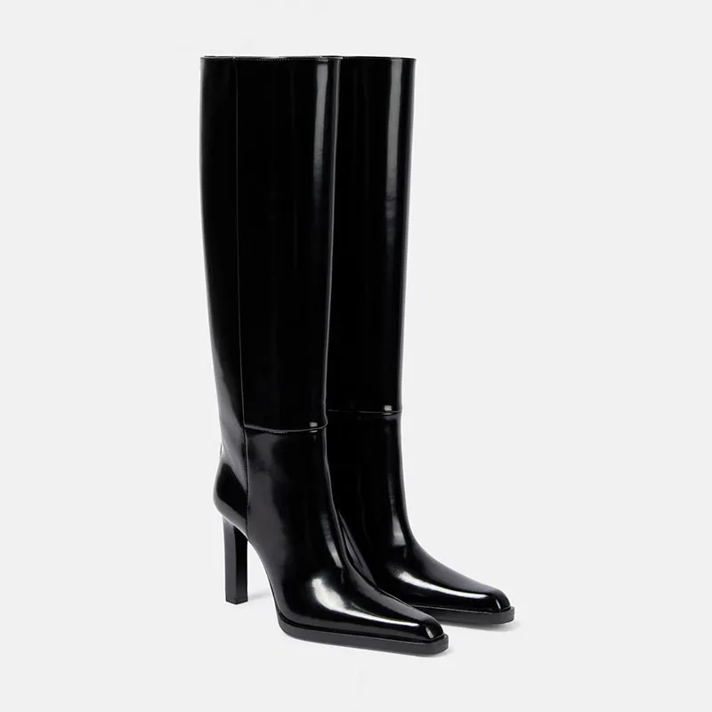 Женские сапоги из лакированной кожи на квадратном каблуке с острым носком