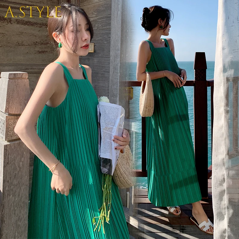 

A GIRLS Suspenders Pleated Long Dress Women Summer Sleeveless Fashion Solid Loose Sexy Backless A-line Dress Female Sundress