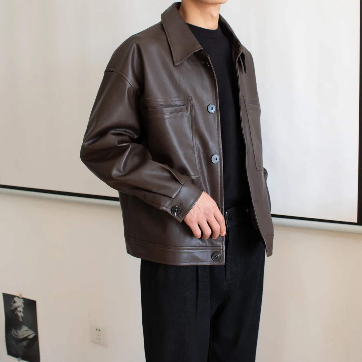 Мужская свободная куртка из искусственной кожи короткая мотоциклетная кожаная в