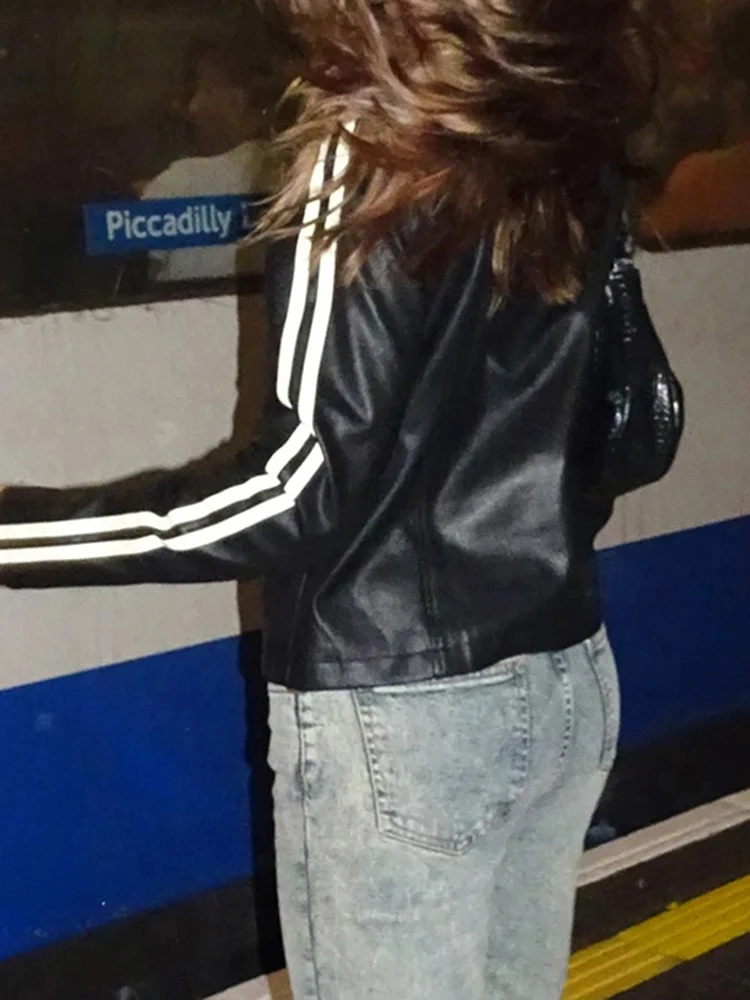 SUCHCUTE Casual PU Zip Up Loose Jackets American Retro Side Stripe Turletneck Faxu Leather Crop Outwear Punk Style Black Coats