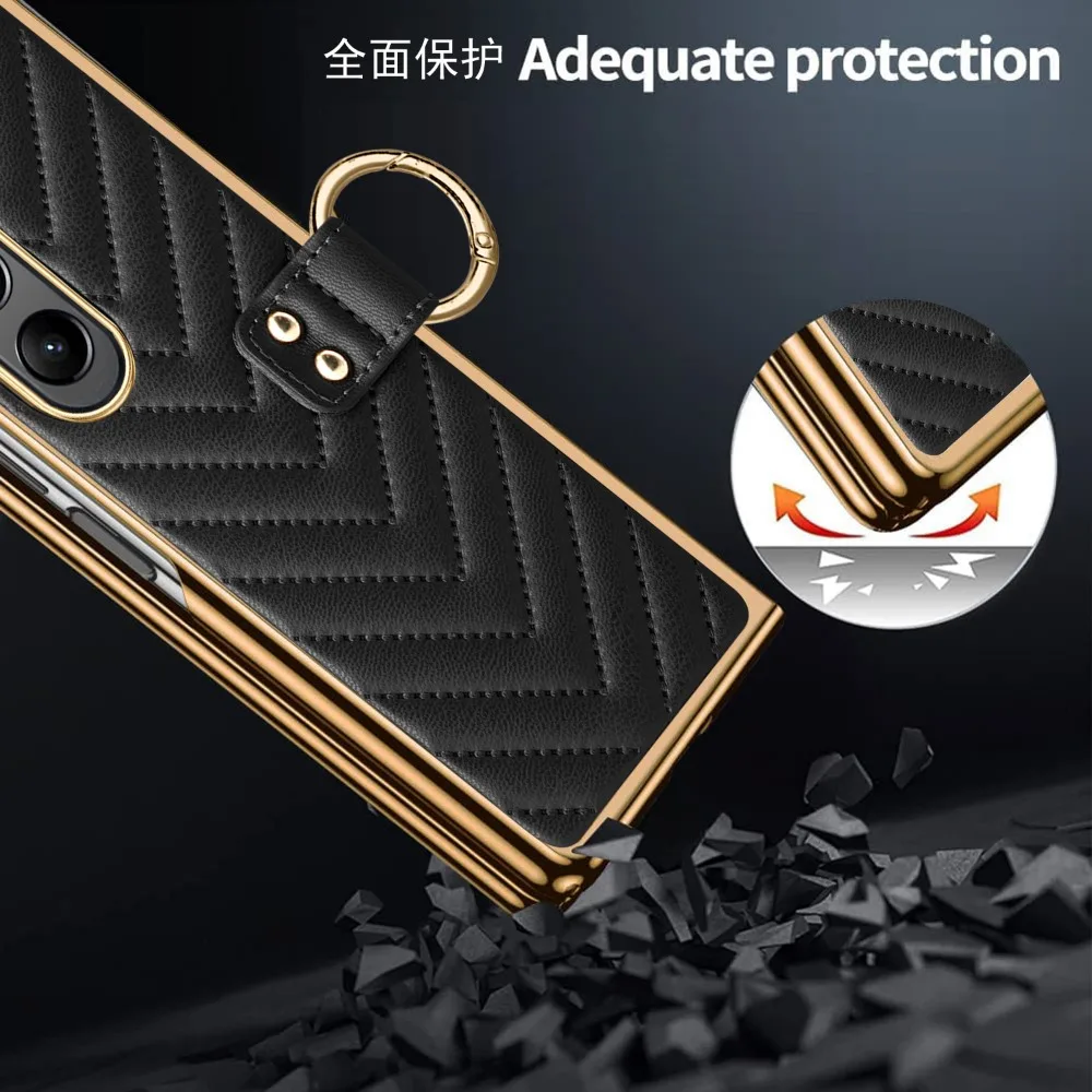 Фото Роскошный кожаный чехол в клетку для Samsung Z Fold 4, противоударный чехол из закаленного стекла с кольцом для Samsung Z Fold 5, чехол №2