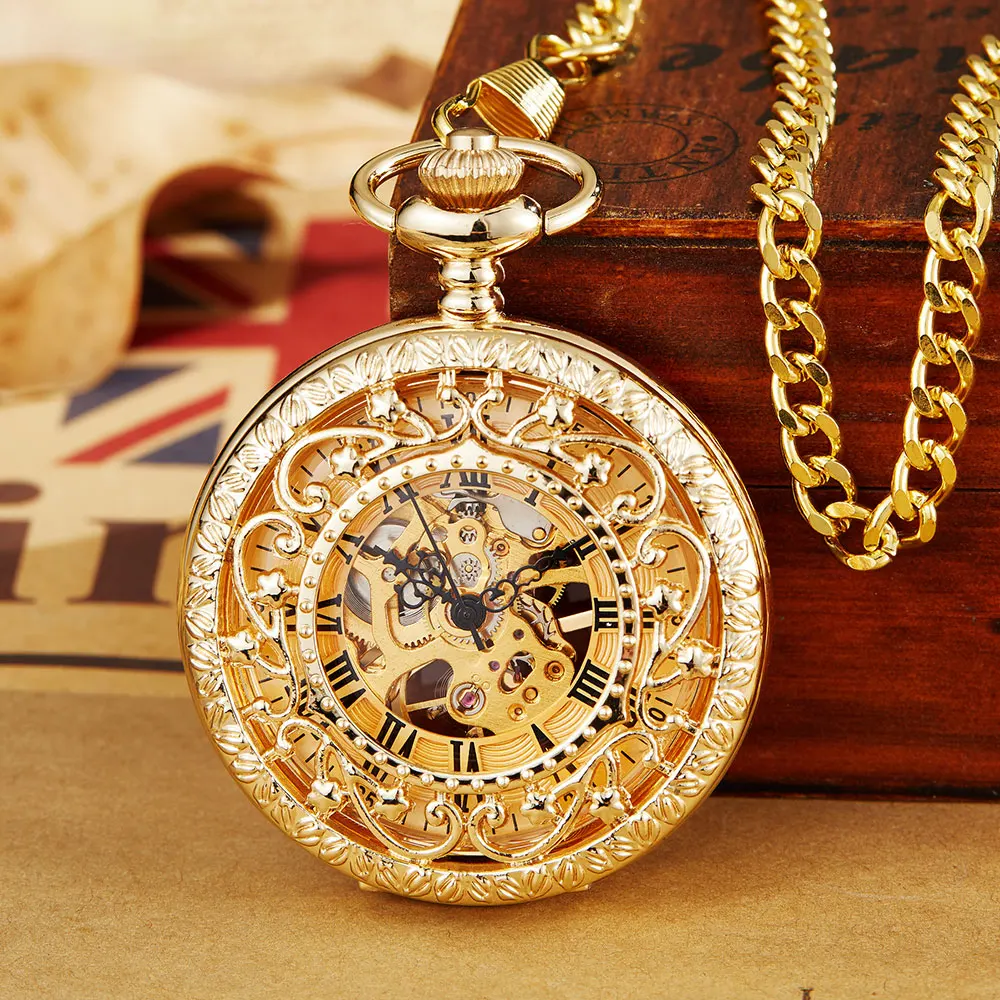 Necklace Watch Vintage Steampunk Mechanical Pocket Watch With Chain Hollow Hand-winding Pendant Clock Men Women Gold Bronze Gift