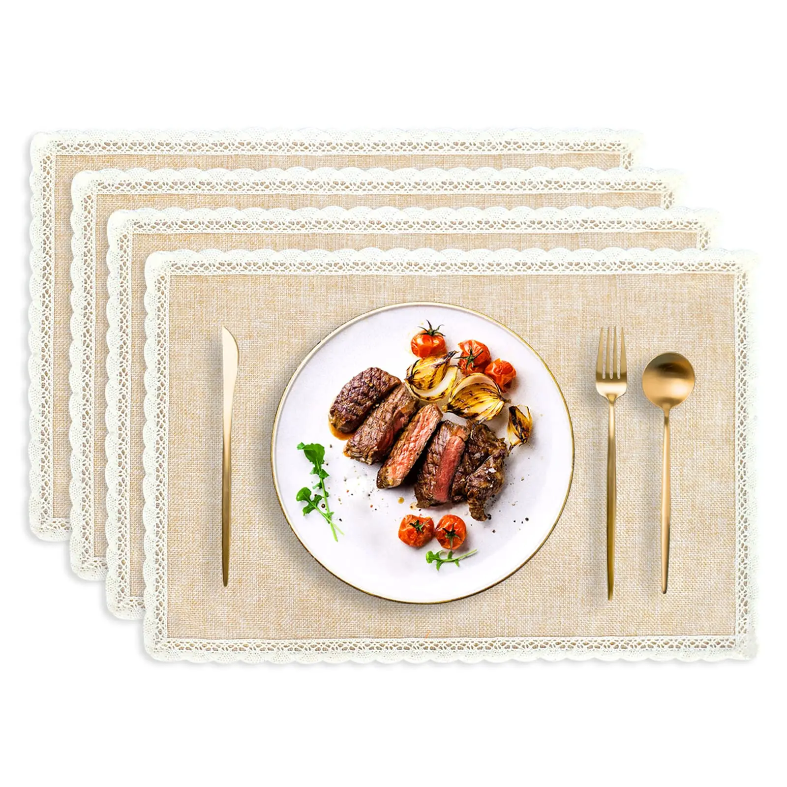 Set of 4 Burlap Placemats,Two Layers Faux Linen Table Mats, Heat-Resistant, Non-Slip Rustic Dinner Table Mat with Lace