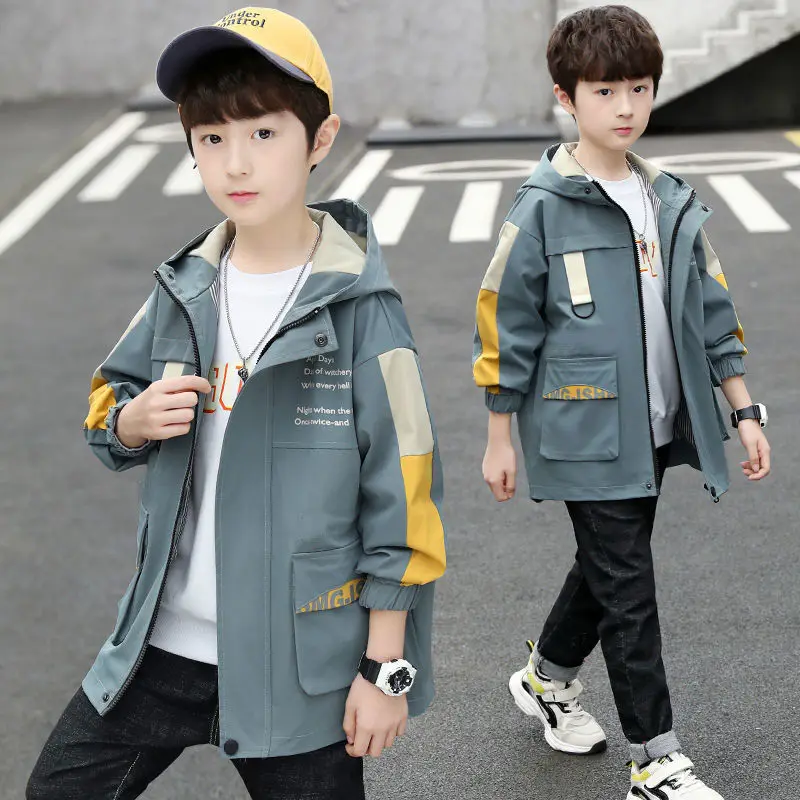 

Spring Autumn Colorblock Jackets Coat For Boys Children's Trench Fashion Hooded Letters Patchwork Outerwear Teenager Windbreaker