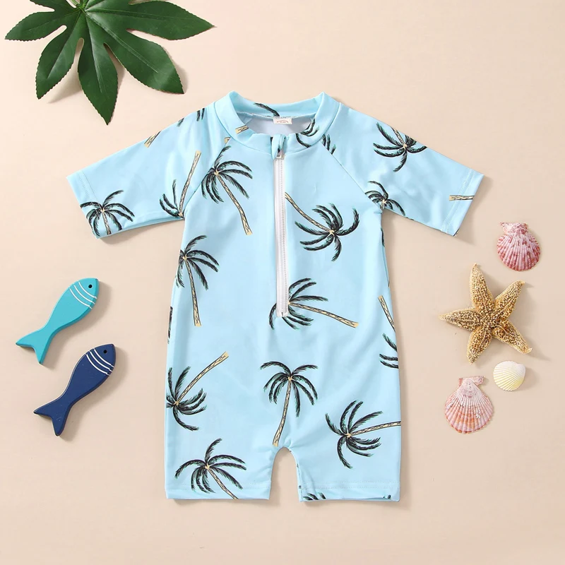 

Купальник для маленьких девочек и мальчиков, Летний комбинезон, купальник, синий купальный костюм с коротким рукавом и принтом Тропического Дерева, купальный костюм на молнии, пляжная одежда для плавания