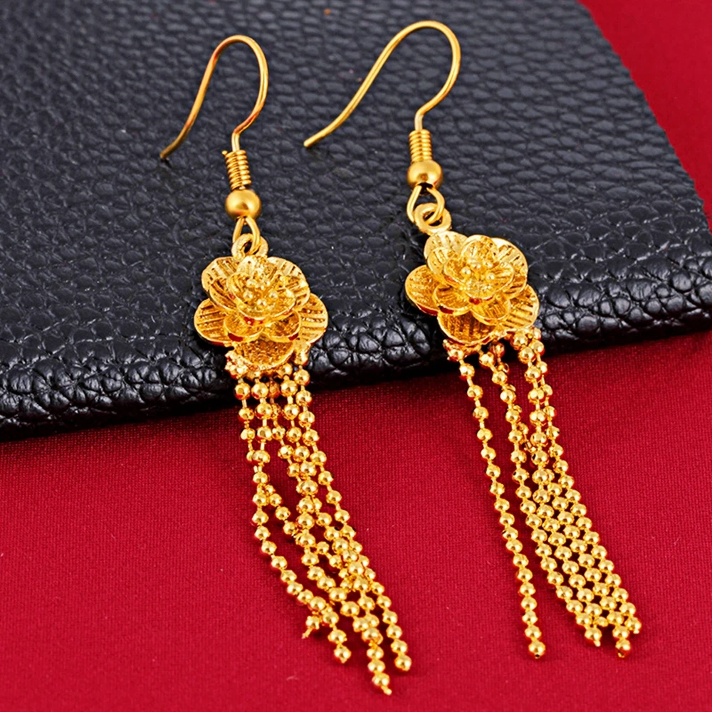 

Long Flower Tassel Women Dangle Earrings with Beads 18k Yellow Gold Filled Classic Lady Pretty Gift Wedding Party Accessories