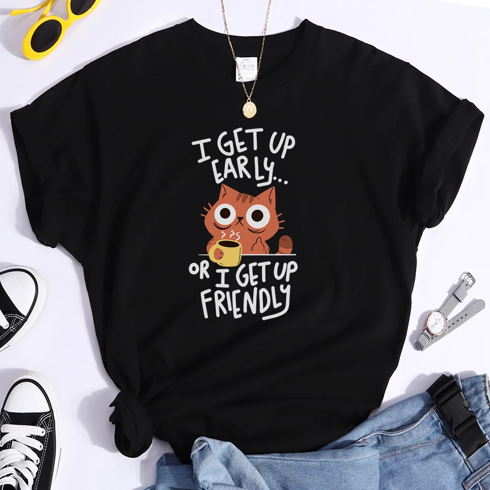 

I Get Up Are Lazy Cute Cat Women T-shirts Leisure Tops Breathable T Shirts Retro Breathable Streetwear Summer Female Tee Shirts