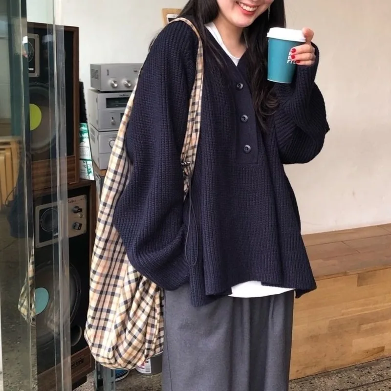 

Pullover Ulzzang Solid Color V-Neck Retro Student Girl Sweater Chic Buttons Versatile Casual Ins Spring Knit Women's Knitwear