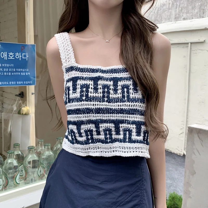 

Boring Honey Retro Square Collar Hollow Out Summer Clothes For Women Sleeveless Short Crop Tops Be All-Match Tops Women