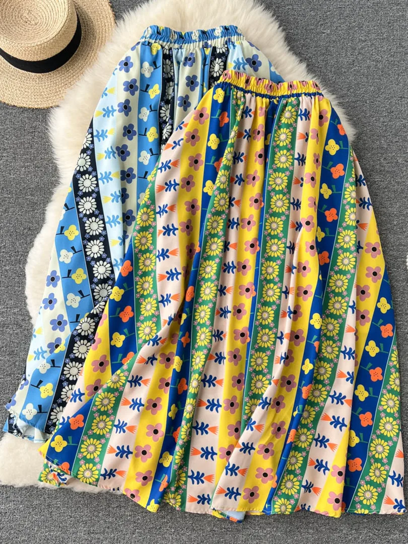 

Женская длинная юбка с цветочным принтом, Повседневная трапециевидная юбка до середины икры с поясом на резинке, в Корейском стиле, лето 2022