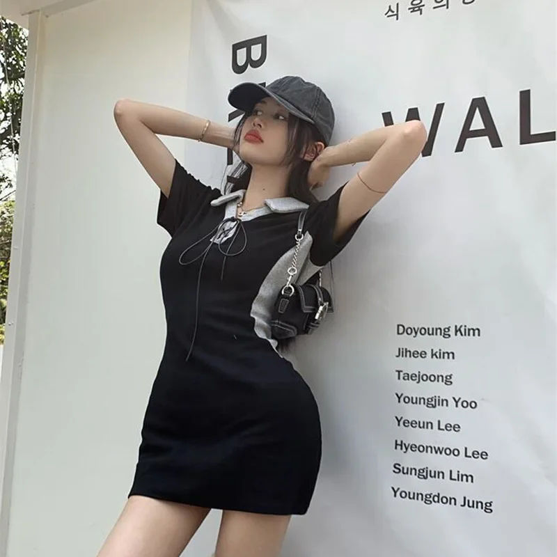

Casual Girl Contrast Color Lapel Lace Up Korean Skinny Students Short Sleeve Mini Thin Hip A-line Women Dress Crochet Femme