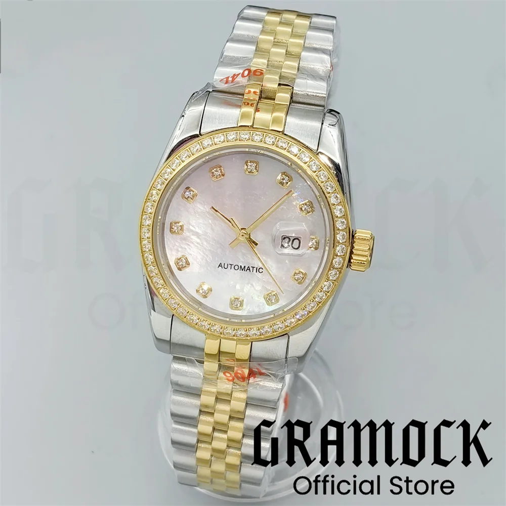 Фото Роскошные женские часы Gramock 31 мм с декором и бриллиантами NH05, двухцветный золотой корпус, сапфировое стекло, солнечные лучи, фиолетовый, серый циферблат, римский индекс №4