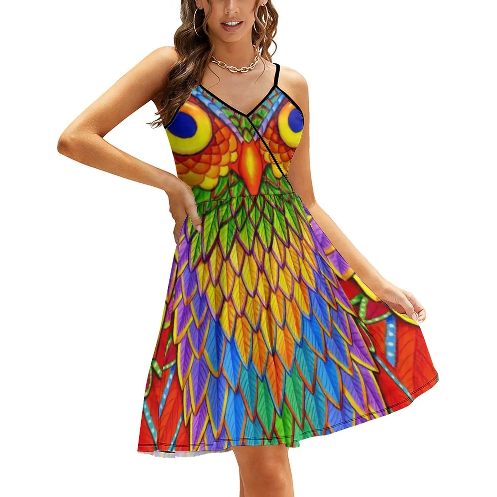 

Colorful Psychedelic Print Dress Ladies Rainbow Owl Fashion Print Dresses Off Shoulder Elegant Casual Dress Birthday Present