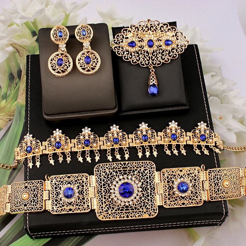 

Middle East Zinc Alloy Bridal Jewelry Sets Gold Plated Carved Flower Chain Joias Em Mulher Conjuntos Ethnic Wedding Accessories