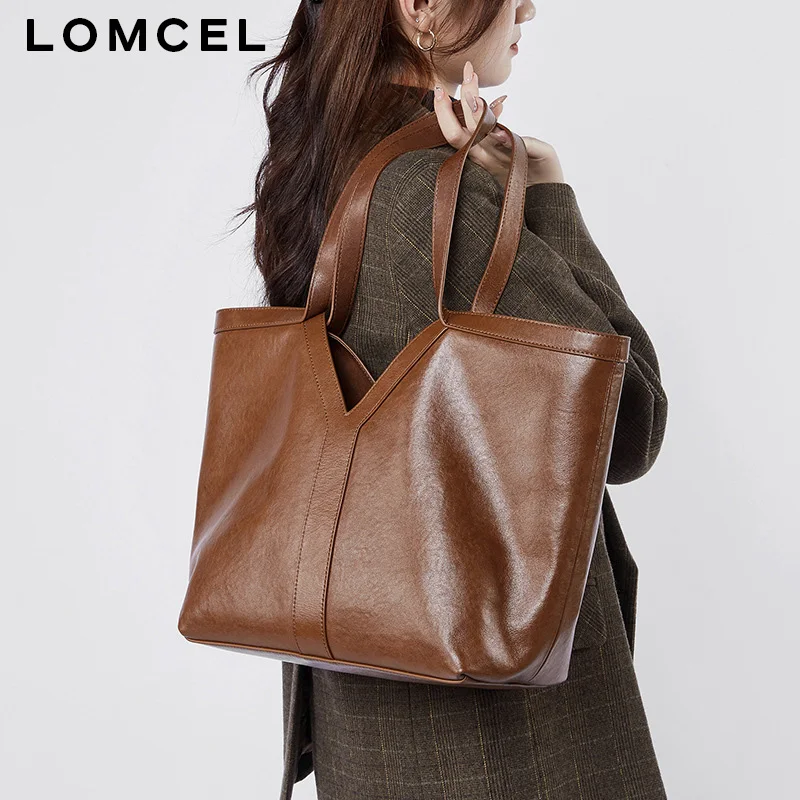 Фото LOMCEL 137 Кожаная сумка в простом корейском стиле, из растительно-дубленой кожи, сумка-тоут, сумка через плечо, большая вместимость, женская. №1