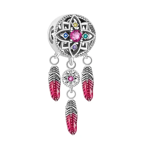 Женский браслет «Ловец снов» из серебра 925 пробы с красными перьями