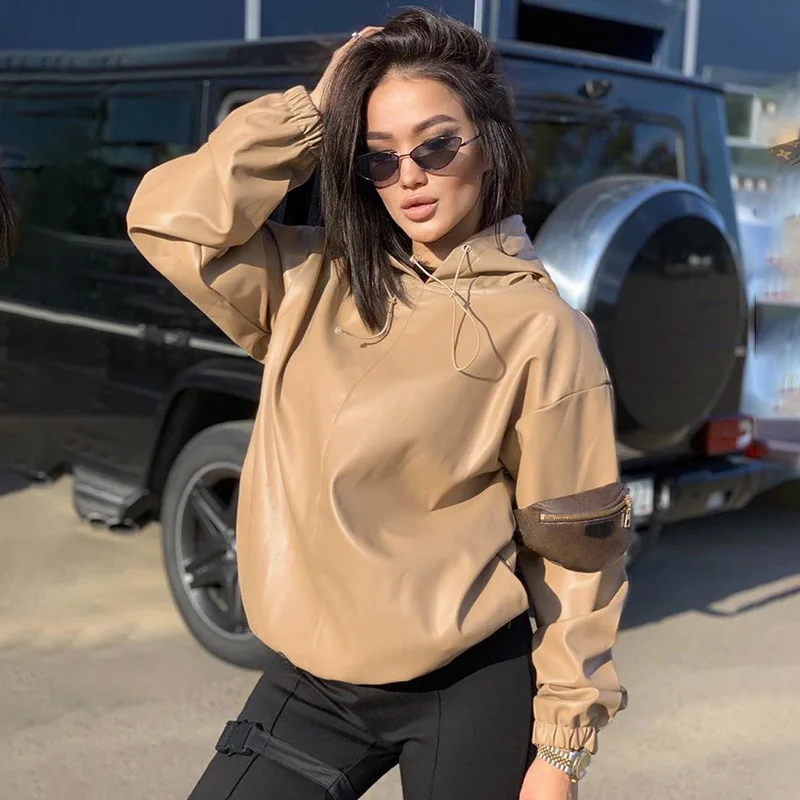 

Hoodies Spring Autumn New Wear 2021 Black Jacket for Women Leather Jacket Women Solid Color Hoodies Windproof Pullovers Harajuku