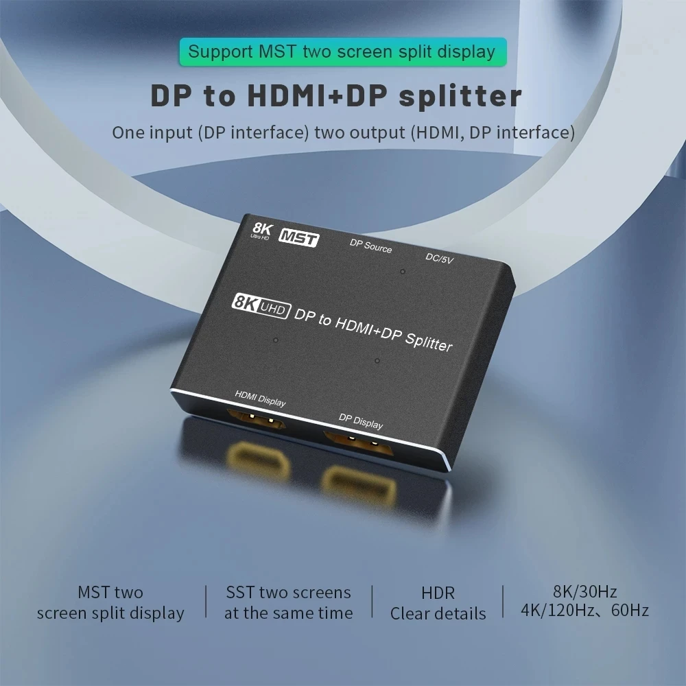 8K Разветвитель DisplayPort 1.4 DP на DP и HDMI с поддержкой двух портов видео MST SST HDR 8K@30Hz 4K@120Hz для ПК и звука.