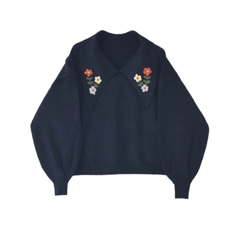 

Lantern Sleeved Embroidery Knitted Women Sweater Pullovers Winter Turn-Down Collar Navy Blue Flower Preppy Style Female Pulls