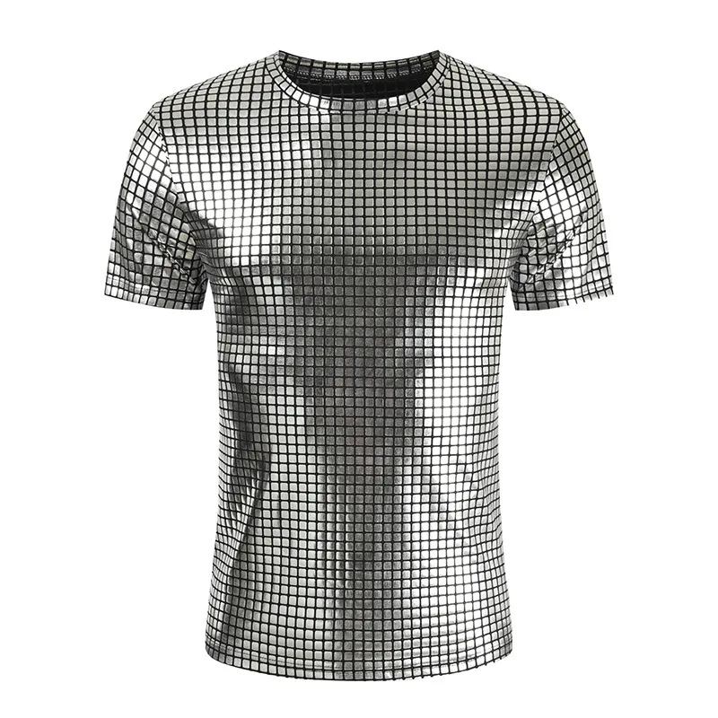 

Мужская футболка с металлическим покрытием в серебряную клетку, 2022, брендовая мужская футболка для диджея, ночного клуба, сценического шоу, ...