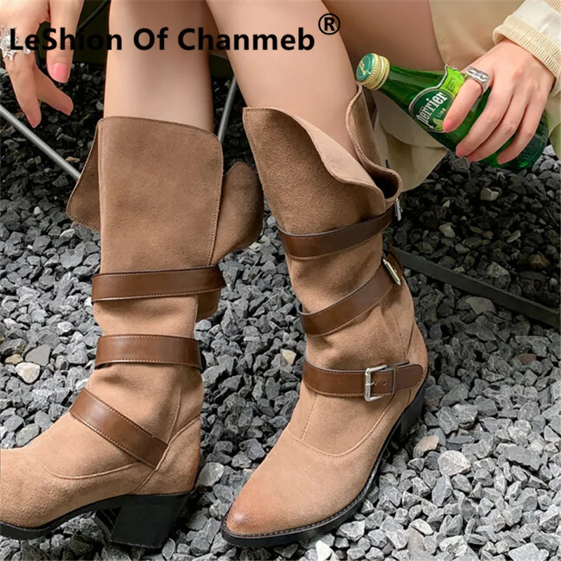 

LeShion Of Chanmeb Punk Multi-buckle Western Boots Women Cow Suede Leather Block Heels Kneehigh Cowboy Boot Cowgirl Ladies Shoes