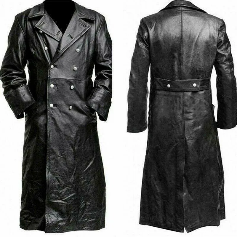 Fashion Men Lapel Pu Leather Motorcycle Jacket Military Black Long Trench Coat Leather Overcoat Double Breasted Long Pu Jacket