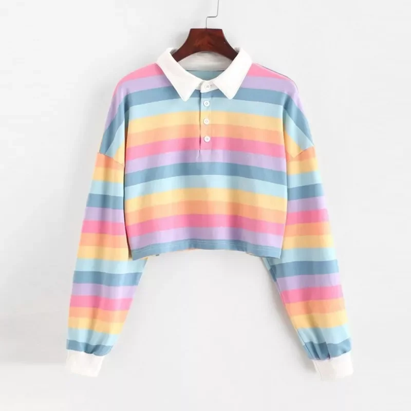 

New2022 Shirt Women Sweatshirt Long Sleeve Rainbow Color Ladies Hoodies With Button Striped Korean Style Sweatshirt Women