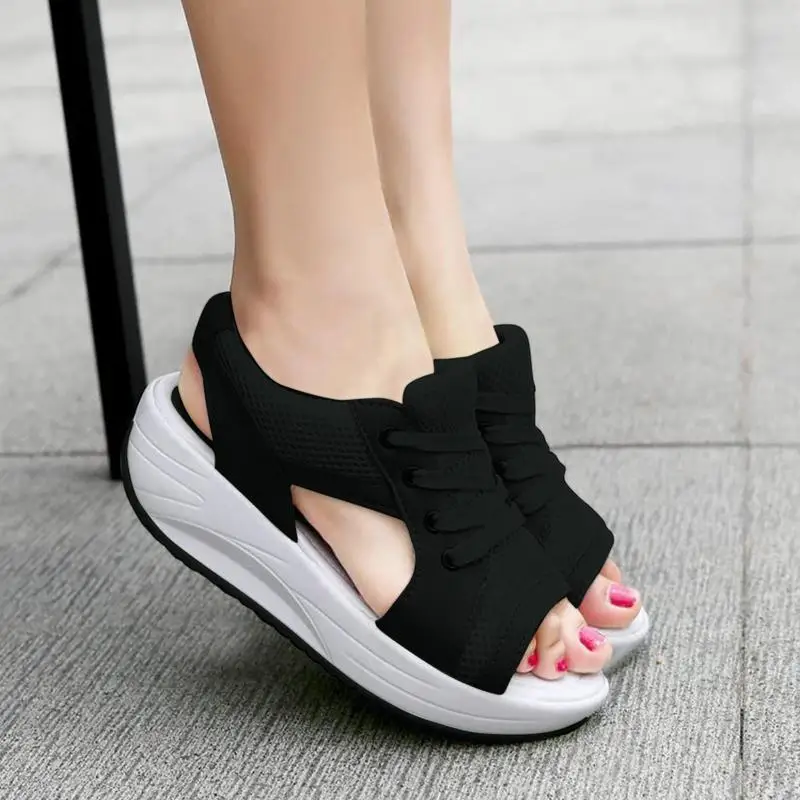 Muffin Sandals Comfortable Wedges Sandals For Women Contrast Paneled Cutout Lace-Up Muffin Sandals Summer Peep Toe Sandals Shoes